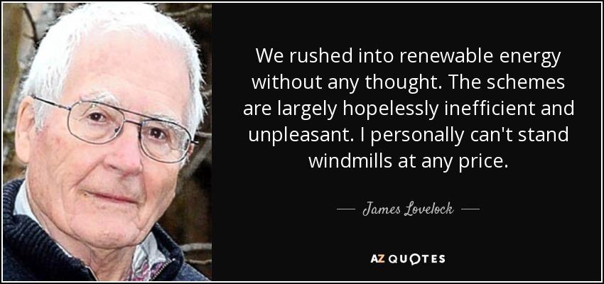 We rushed into renewable energy without any thought. The schemes are largely hopelessly inefficient and unpleasant. I personally can't stand windmills at any price. - James Lovelock