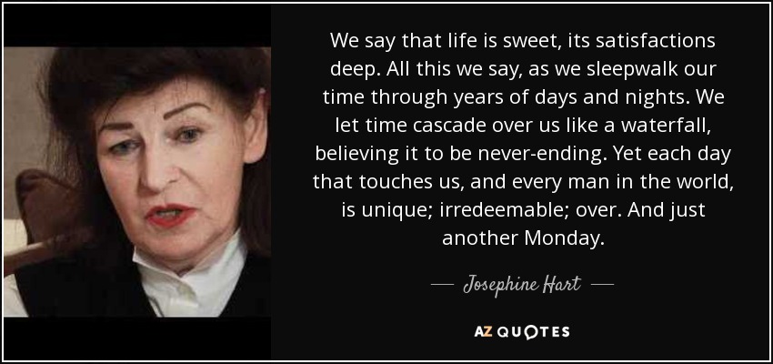 We say that life is sweet, its satisfactions deep. All this we say, as we sleepwalk our time through years of days and nights. We let time cascade over us like a waterfall, believing it to be never-ending. Yet each day that touches us, and every man in the world, is unique; irredeemable; over. And just another Monday. - Josephine Hart