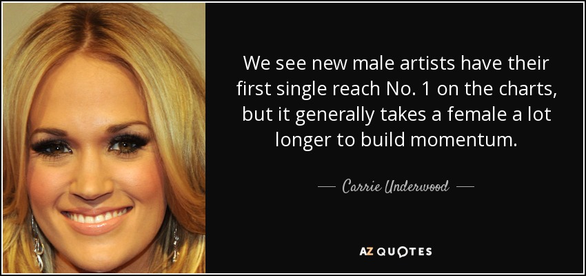 We see new male artists have their first single reach No. 1 on the charts, but it generally takes a female a lot longer to build momentum. - Carrie Underwood