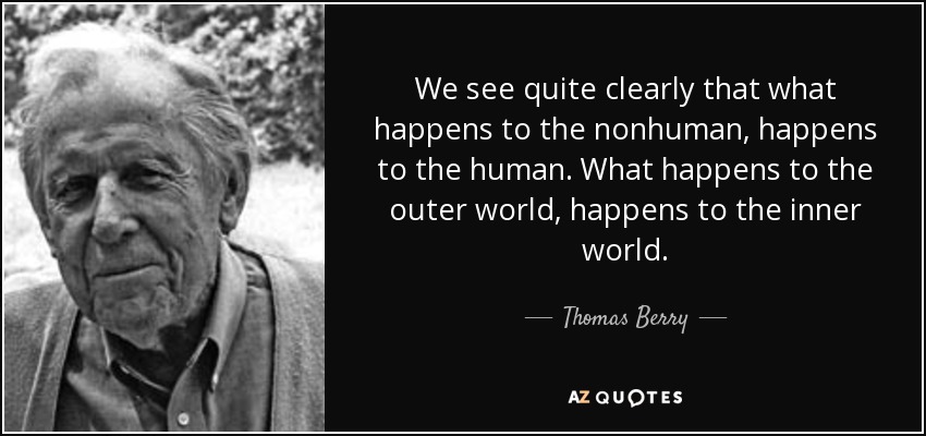 We see quite clearly that what happens to the nonhuman, happens to the human. What happens to the outer world, happens to the inner world. - Thomas Berry