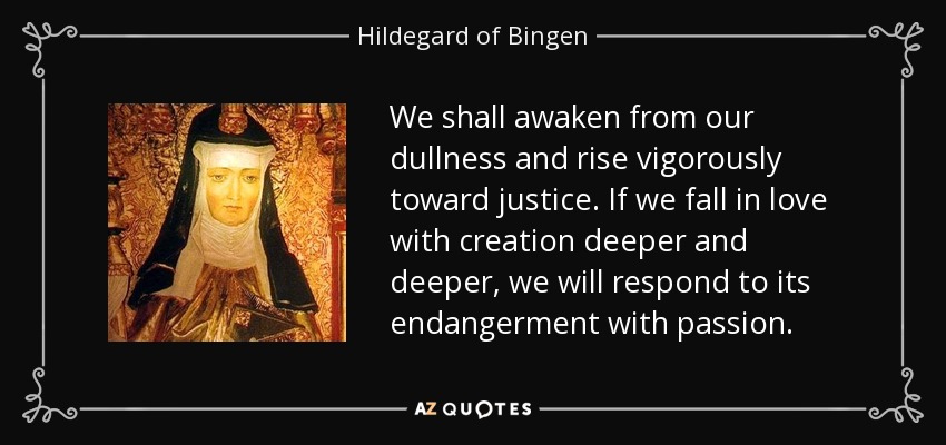 We shall awaken from our dullness and rise vigorously toward justice. If we fall in love with creation deeper and deeper, we will respond to its endangerment with passion. - Hildegard of Bingen