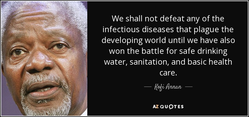 We shall not defeat any of the infectious diseases that plague the developing world until we have also won the battle for safe drinking water, sanitation, and basic health care. - Kofi Annan