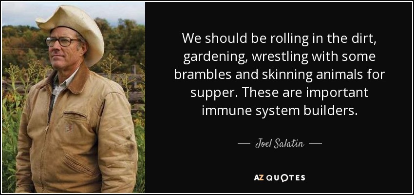 We should be rolling in the dirt, gardening, wrestling with some brambles and skinning animals for supper. These are important immune system builders. - Joel Salatin