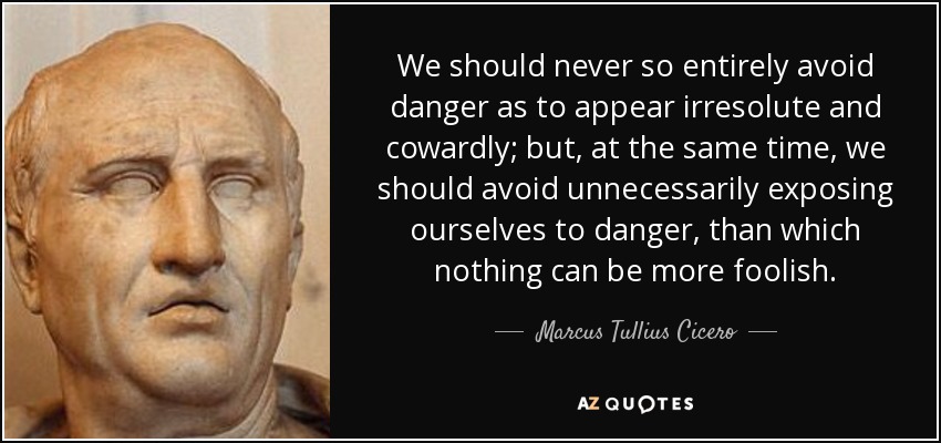 We should never so entirely avoid danger as to appear irresolute and cowardly; but, at the same time, we should avoid unnecessarily exposing ourselves to danger, than which nothing can be more foolish. - Marcus Tullius Cicero