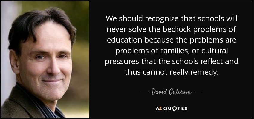 We should recognize that schools will never solve the bedrock problems of education because the problems are problems of families, of cultural pressures that the schools reflect and thus cannot really remedy. - David Guterson
