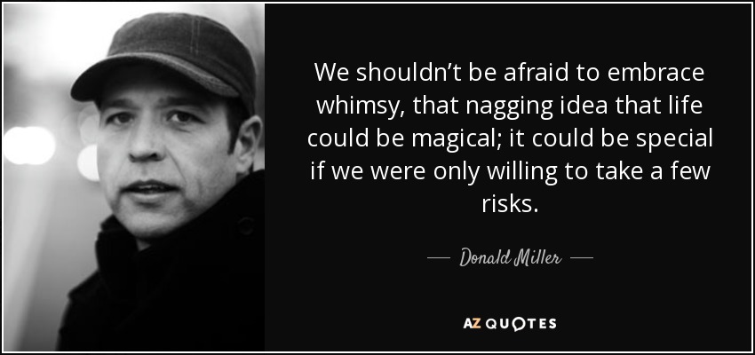 We shouldn’t be afraid to embrace whimsy, that nagging idea that life could be magical; it could be special if we were only willing to take a few risks. - Donald Miller