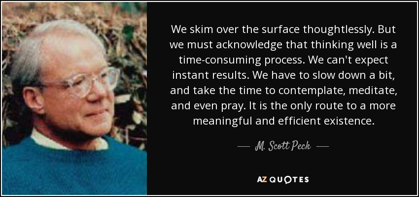 We skim over the surface thoughtlessly. But we must acknowledge that thinking well is a time-consuming process. We can't expect instant results. We have to slow down a bit, and take the time to contemplate, meditate, and even pray. It is the only route to a more meaningful and efficient existence. - M. Scott Peck
