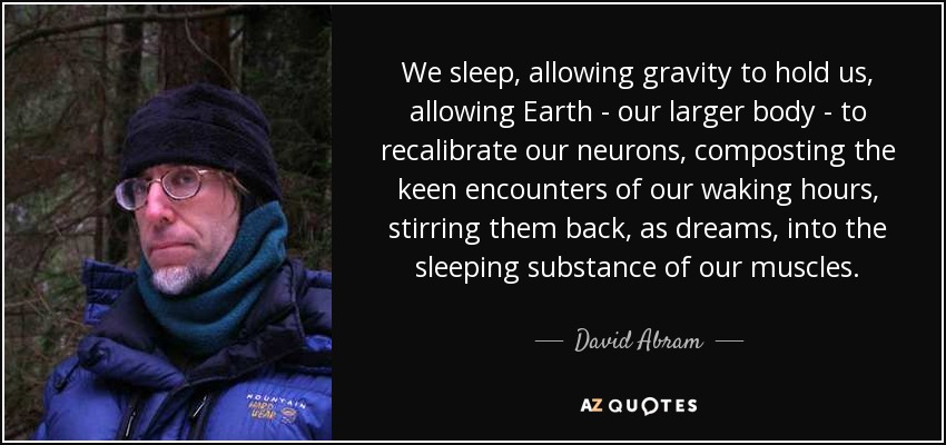 We sleep, allowing gravity to hold us, allowing Earth - our larger body - to recalibrate our neurons, composting the keen encounters of our waking hours , stirring them back, as dreams, into the sleeping substance of our muscles. - David Abram