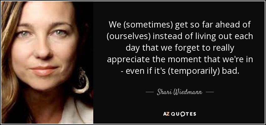 We (sometimes) get so far ahead of (ourselves) instead of living out each day that we forget to really appreciate the moment that we're in - even if it's (temporarily) bad. - Shari Wiedmann