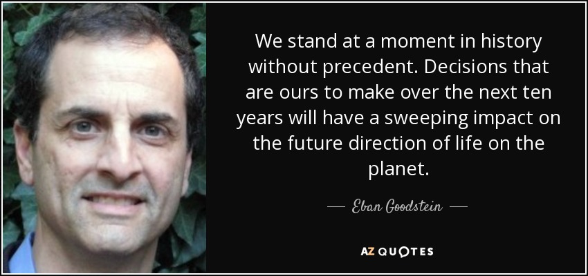 We stand at a moment in history without precedent. Decisions that are ours to make over the next ten years will have a sweeping impact on the future direction of life on the planet. - Eban Goodstein