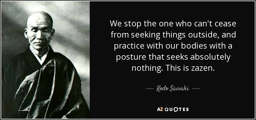 We stop the one who can't cease from seeking things outside, and practice with our bodies with a posture that seeks absolutely nothing. This is zazen. - Kodo Sawaki
