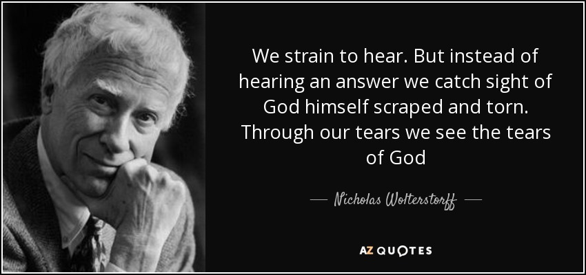 We strain to hear. But instead of hearing an answer we catch sight of God himself scraped and torn. Through our tears we see the tears of God - Nicholas Wolterstorff