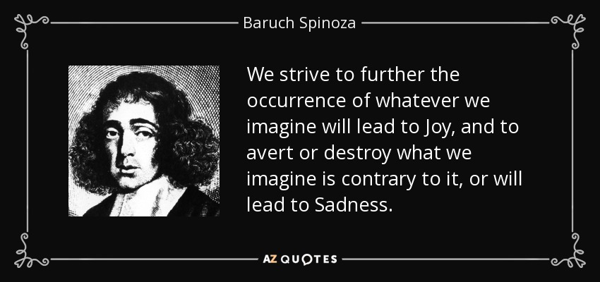 We strive to further the occurrence of whatever we imagine will lead to Joy, and to avert or destroy what we imagine is contrary to it, or will lead to Sadness. - Baruch Spinoza