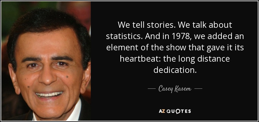 We tell stories. We talk about statistics. And in 1978, we added an element of the show that gave it its heartbeat: the long distance dedication. - Casey Kasem