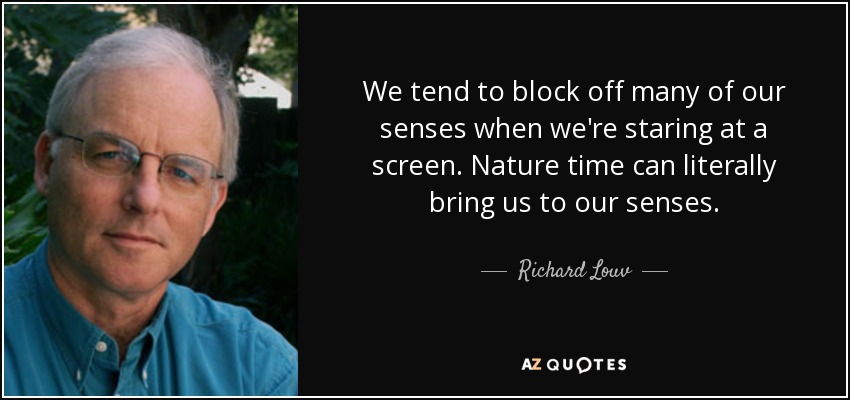 We tend to block off many of our senses when we're staring at a screen. Nature time can literally bring us to our senses. - Richard Louv