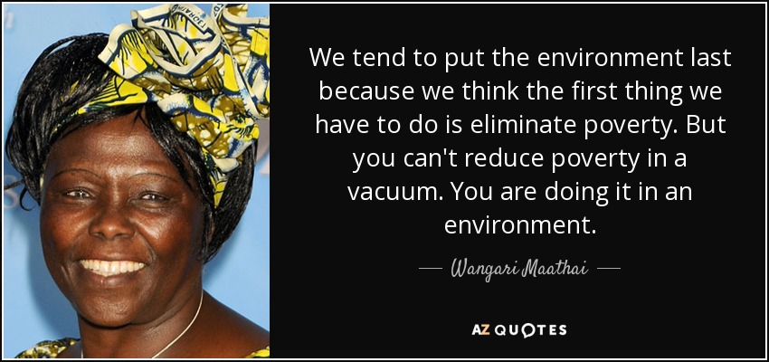 We tend to put the environment last because we think the first thing we have to do is eliminate poverty. But you can't reduce poverty in a vacuum. You are doing it in an environment. - Wangari Maathai