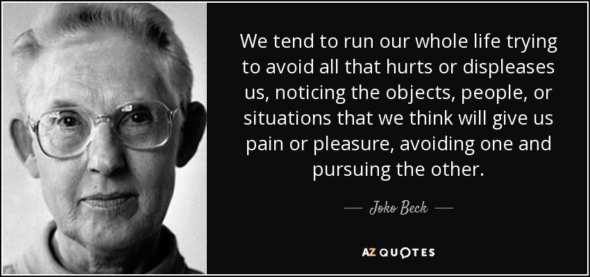 We tend to run our whole life trying to avoid all that hurts or displeases us, noticing the objects, people, or situations that we think will give us pain or pleasure, avoiding one and pursuing the other. - Joko Beck