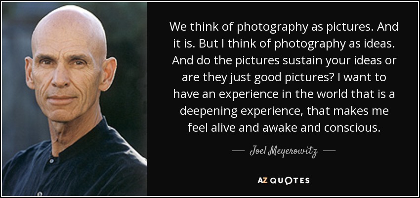 We think of photography as pictures. And it is. But I think of photography as ideas. And do the pictures sustain your ideas or are they just good pictures? I want to have an experience in the world that is a deepening experience, that makes me feel alive and awake and conscious. - Joel Meyerowitz