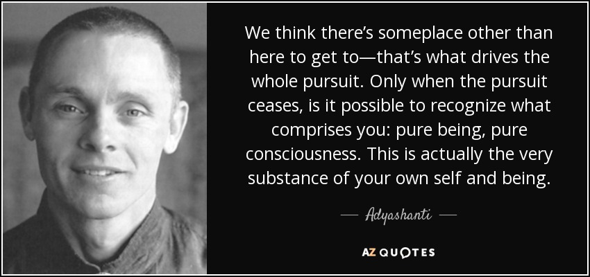 We think there’s someplace other than here to get to—that’s what drives the whole pursuit. Only when the pursuit ceases, is it possible to recognize what comprises you: pure being, pure consciousness. This is actually the very substance of your own self and being. - Adyashanti