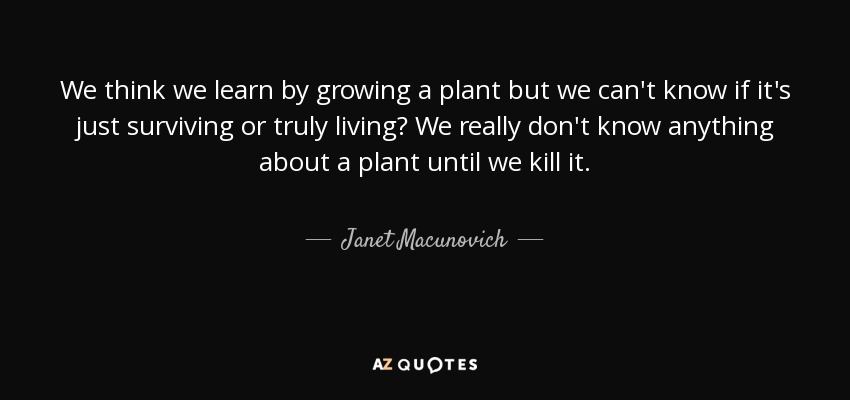 We think we learn by growing a plant but we can't know if it's just surviving or truly living? We really don't know anything about a plant until we kill it. - Janet Macunovich