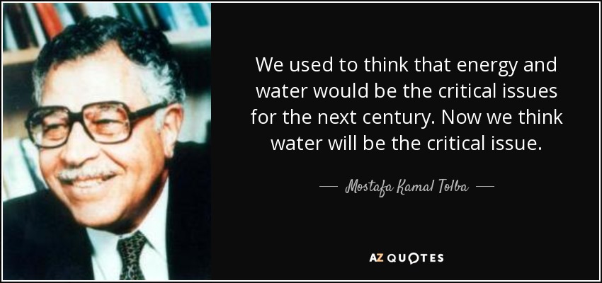 We used to think that energy and water would be the critical issues for the next century. Now we think water will be the critical issue. - Mostafa Kamal Tolba