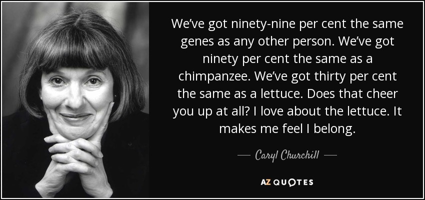 We’ve got ninety-nine per cent the same genes as any other person. We’ve got ninety per cent the same as a chimpanzee. We’ve got thirty per cent the same as a lettuce. Does that cheer you up at all? I love about the lettuce. It makes me feel I belong. - Caryl Churchill