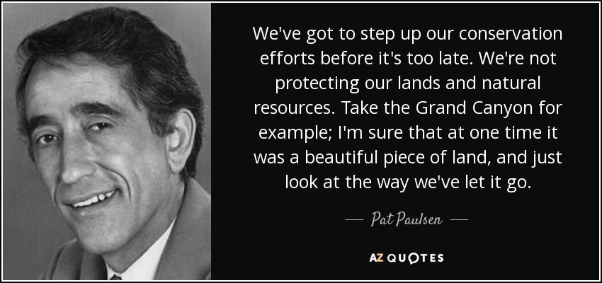We've got to step up our conservation efforts before it's too late. We're not protecting our lands and natural resources. Take the Grand Canyon for example; I'm sure that at one time it was a beautiful piece of land, and just look at the way we've let it go. - Pat Paulsen