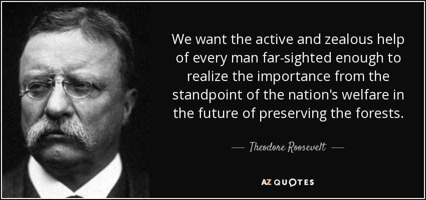 We want the active and zealous help of every man far-sighted enough to realize the importance from the standpoint of the nation's welfare in the future of preserving the forests. - Theodore Roosevelt