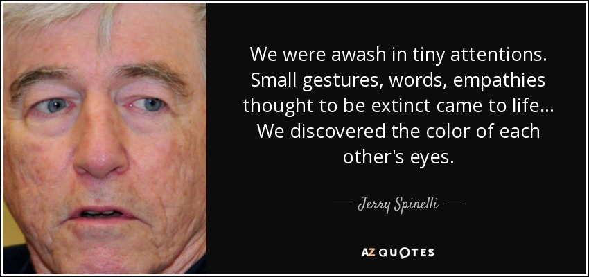 We were awash in tiny attentions. Small gestures, words, empathies thought to be extinct came to life... We discovered the color of each other's eyes. - Jerry Spinelli