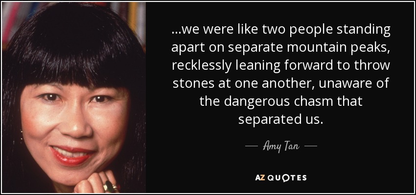 ...we were like two people standing apart on separate mountain peaks, recklessly leaning forward to throw stones at one another, unaware of the dangerous chasm that separated us. - Amy Tan