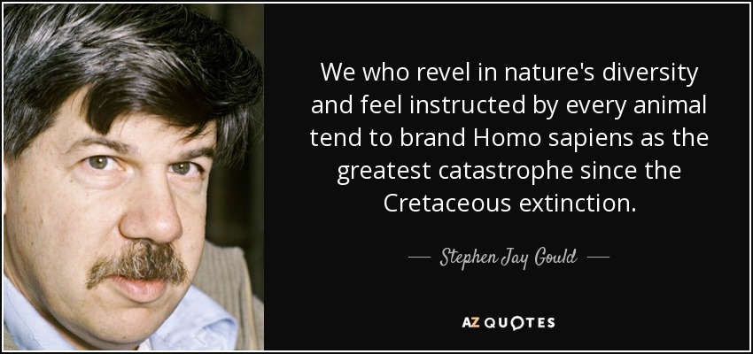 We who revel in nature's diversity and feel instructed by every animal tend to brand Homo sapiens as the greatest catastrophe since the Cretaceous extinction. - Stephen Jay Gould