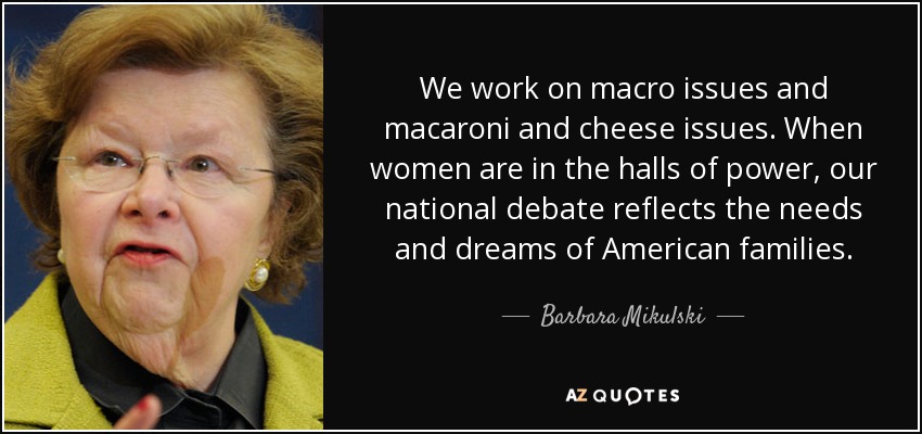 We work on macro issues and macaroni and cheese issues. When women are in the halls of power, our national debate reflects the needs and dreams of American families. - Barbara Mikulski