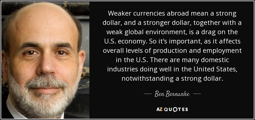 Weaker currencies abroad mean a strong dollar, and a stronger dollar, together with a weak global environment, is a drag on the U.S. economy. So it's important, as it affects overall levels of production and employment in the U.S. There are many domestic industries doing well in the United States, notwithstanding a strong dollar. - Ben Bernanke