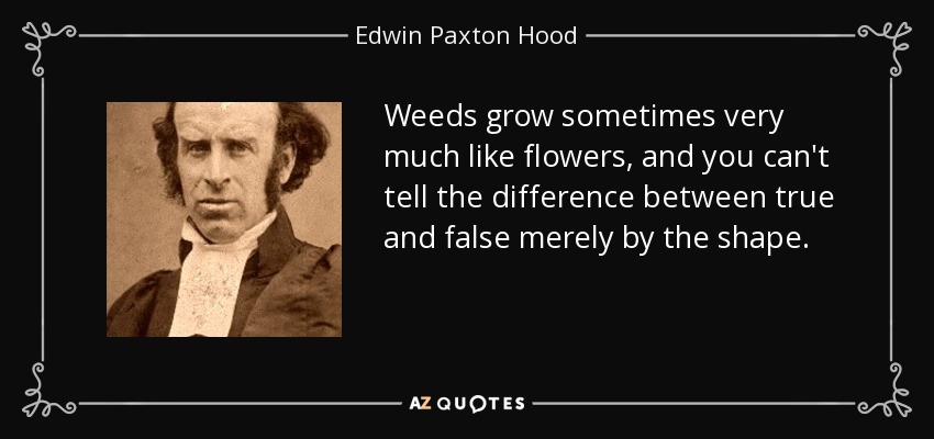 Weeds grow sometimes very much like flowers, and you can't tell the difference between true and false merely by the shape. - Edwin Paxton Hood