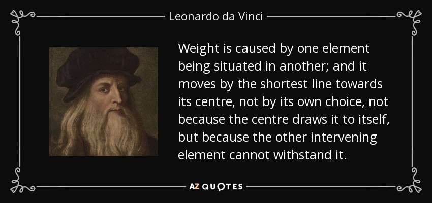 Weight is caused by one element being situated in another; and it moves by the shortest line towards its centre, not by its own choice, not because the centre draws it to itself, but because the other intervening element cannot withstand it. - Leonardo da Vinci