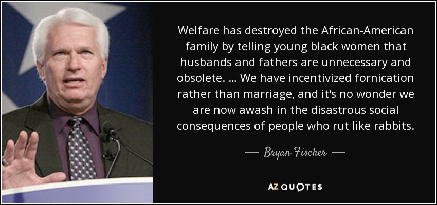 Welfare has destroyed the African-American family by telling young black women that husbands and fathers are unnecessary and obsolete. … We have incentivized fornication rather than marriage, and it's no wonder we are now awash in the disastrous social consequences of people who rut like rabbits. - Bryan Fischer