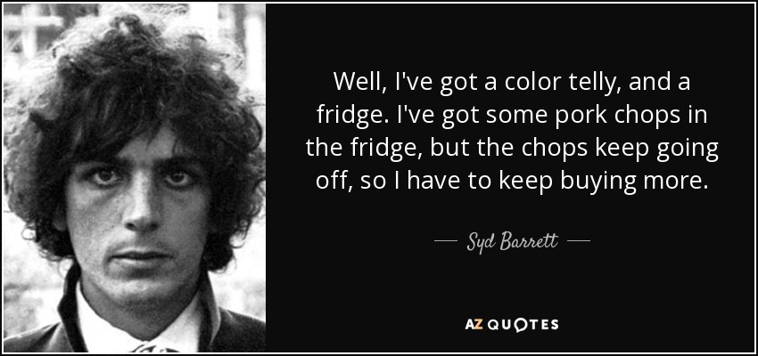 Well, I've got a color telly, and a fridge. I've got some pork chops in the fridge, but the chops keep going off, so I have to keep buying more. - Syd Barrett