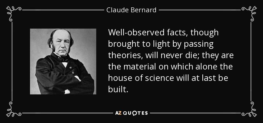 Well-observed facts, though brought to light by passing theories, will never die; they are the material on which alone the house of science will at last be built. - Claude Bernard