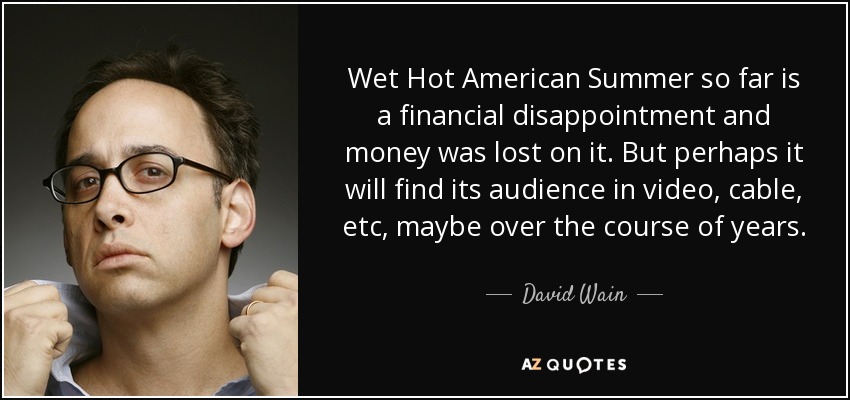 Wet Hot American Summer so far is a financial disappointment and money was lost on it. But perhaps it will find its audience in video, cable, etc, maybe over the course of years. - David Wain