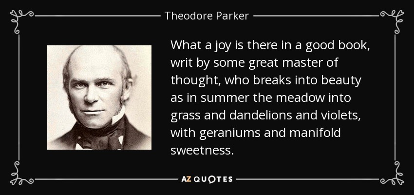 What a joy is there in a good book, writ by some great master of thought, who breaks into beauty as in summer the meadow into grass and dandelions and violets, with geraniums and manifold sweetness. - Theodore Parker