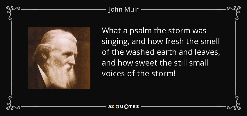 What a psalm the storm was singing, and how fresh the smell of the washed earth and leaves, and how sweet the still small voices of the storm! - John Muir