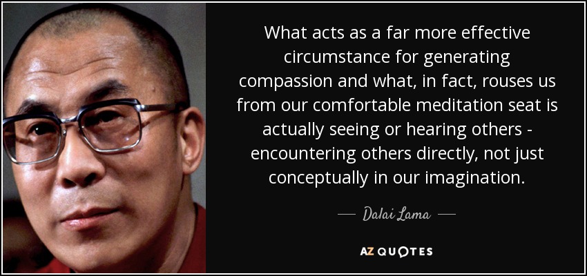 What acts as a far more effective circumstance for generating compassion and what, in fact, rouses us from our comfortable meditation seat is actually seeing or hearing others - encountering others directly, not just conceptually in our imagination. - Dalai Lama