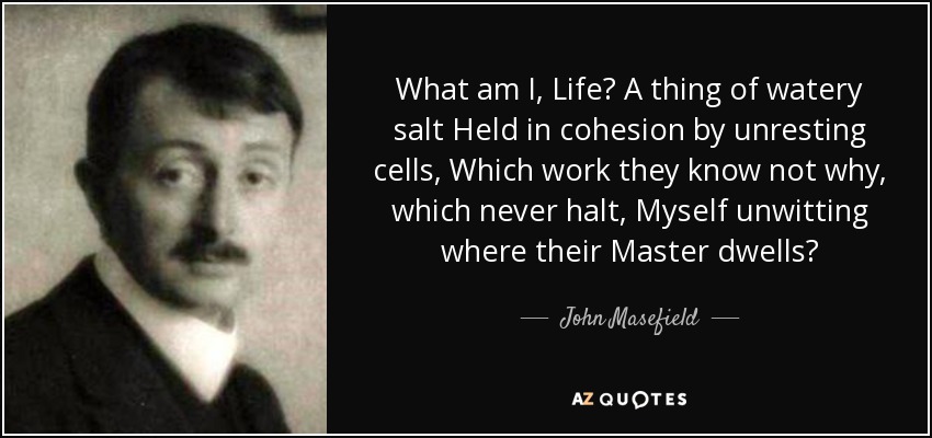 What am I, Life? A thing of watery salt Held in cohesion by unresting cells, Which work they know not why, which never halt, Myself unwitting where their Master dwells? - John Masefield