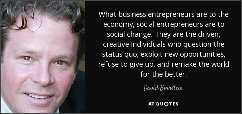 What business entrepreneurs are to the economy, social entrepreneurs are to social change. They are the driven, creative individuals who question the status quo, exploit new opportunities, refuse to give up, and remake the world for the better. - David Bornstein