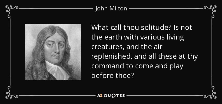 What call thou solitude? Is not the earth with various living creatures, and the air replenished, and all these at thy command to come and play before thee? - John Milton