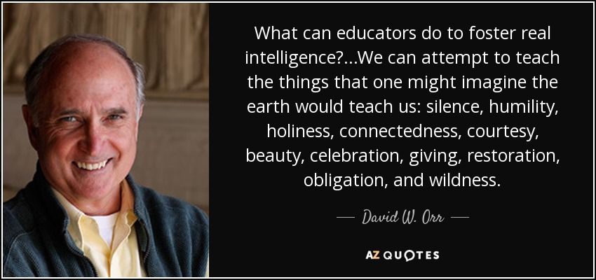 What can educators do to foster real intelligence?.. .We can attempt to teach the things that one might imagine the earth would teach us: silence, humility, holiness, connectedness, courtesy, beauty, celebration, giving, restoration, obligation, and wildness. - David W. Orr