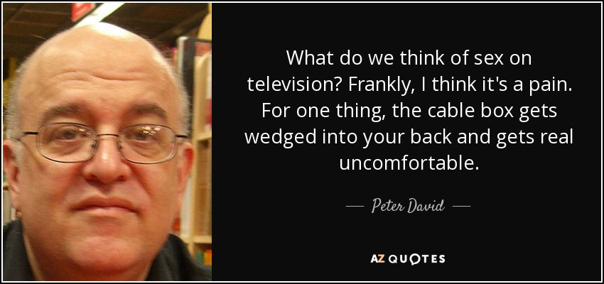What do we think of sex on television? Frankly, I think it's a pain. For one thing, the cable box gets wedged into your back and gets real uncomfortable. - Peter David