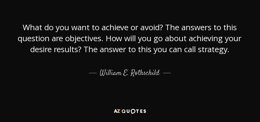 What do you want to achieve or avoid? The answers to this question are objectives. How will you go about achieving your desire results? The answer to this you can call strategy. - William E. Rothschild