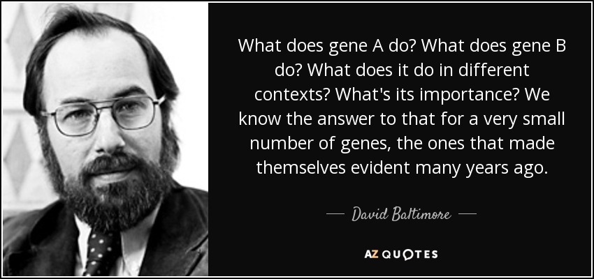 What does gene A do? What does gene B do? What does it do in different contexts? What's its importance? We know the answer to that for a very small number of genes, the ones that made themselves evident many years ago. - David Baltimore
