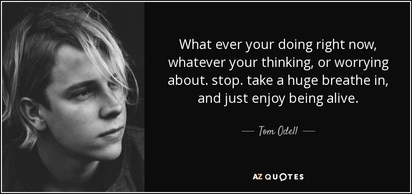 What ever your doing right now, whatever your thinking, or worrying about. stop. take a huge breathe in, and just enjoy being alive. - Tom Odell